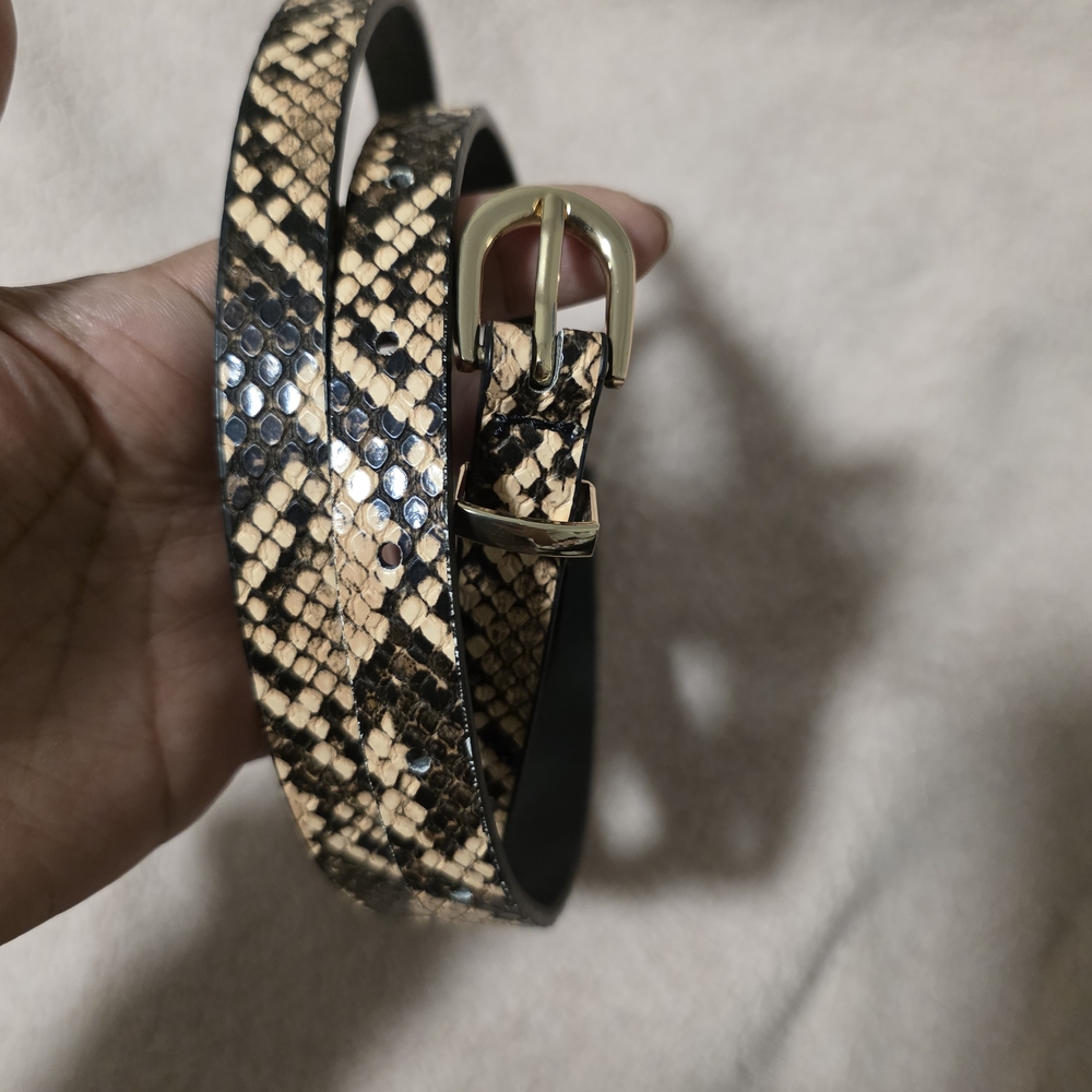 Dynamite Tan and Black Snake-Print Slim Belt with Gold Buckle